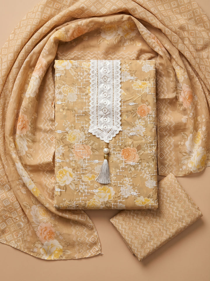 Mustard Embroidered Cotton Blend Unstitched Suit &amp; Pant With Cotton Dupatta
