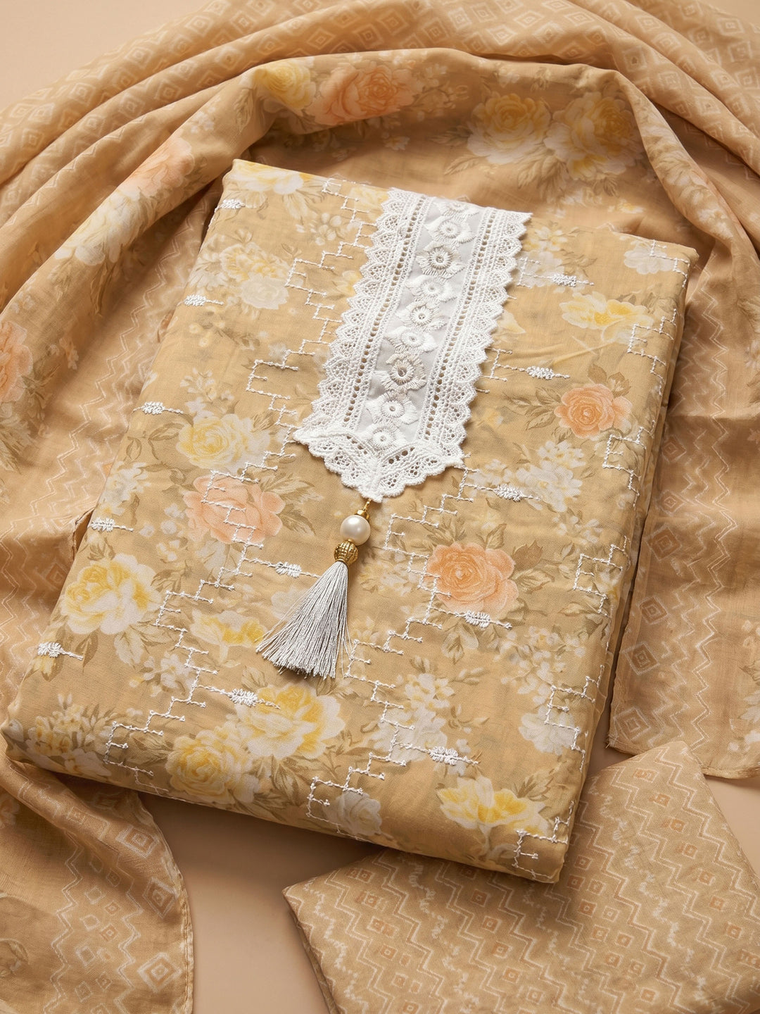 Mustard Embroidered Cotton Blend Unstitched Suit &amp; Pant With Cotton Dupatta