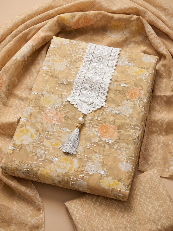 Mustard Embroidered Cotton Blend Unstitched Suit &amp; Pant With Cotton Dupatta