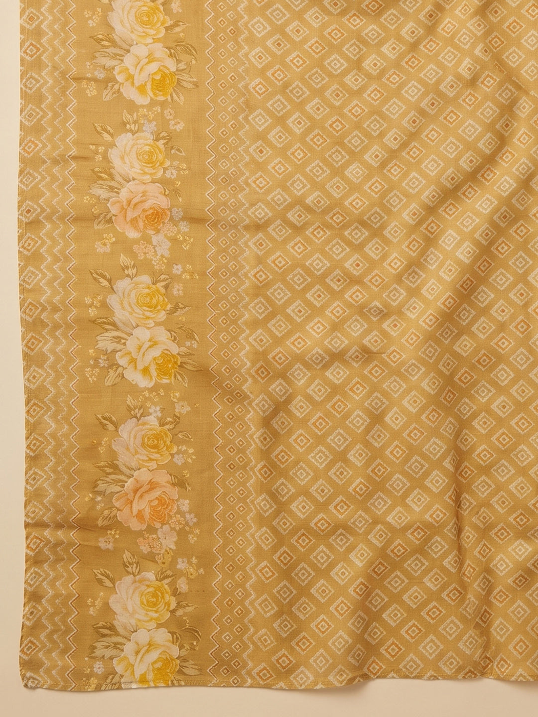 Mustard Embroidered Cotton Blend Unstitched Suit &amp; Pant With Cotton Dupatta