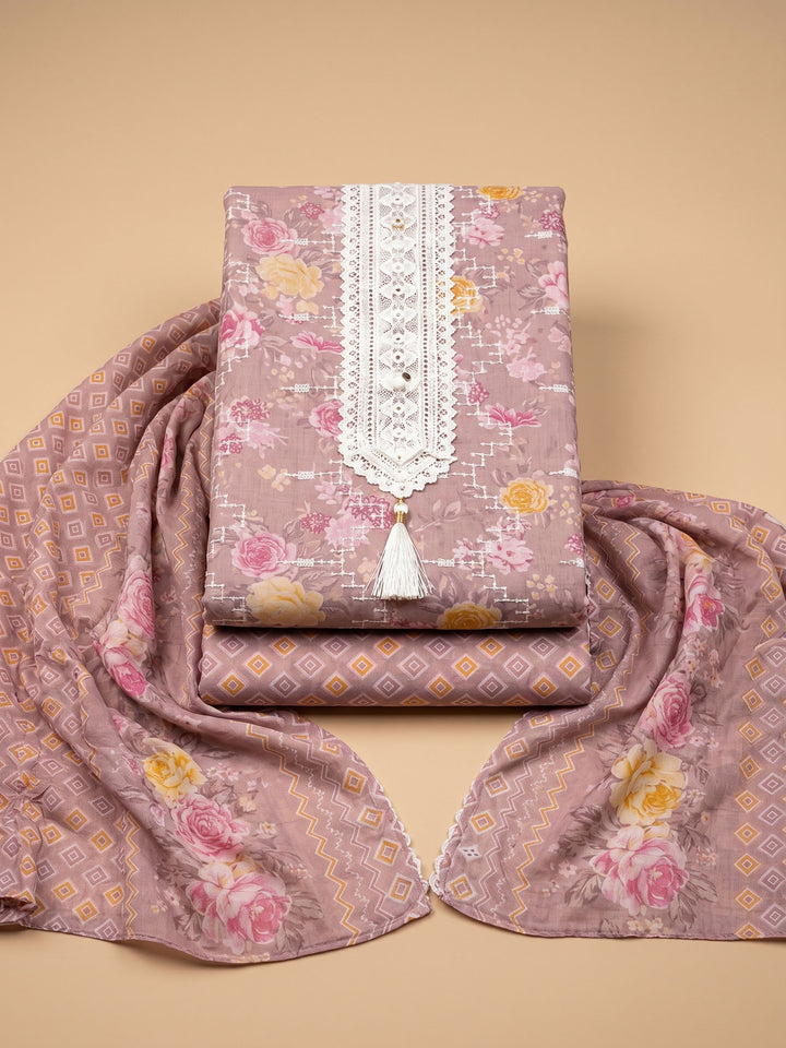 Pink Embroidered Cotton Blend Unstitched Suit &amp; Pant With Cotton Dupatta