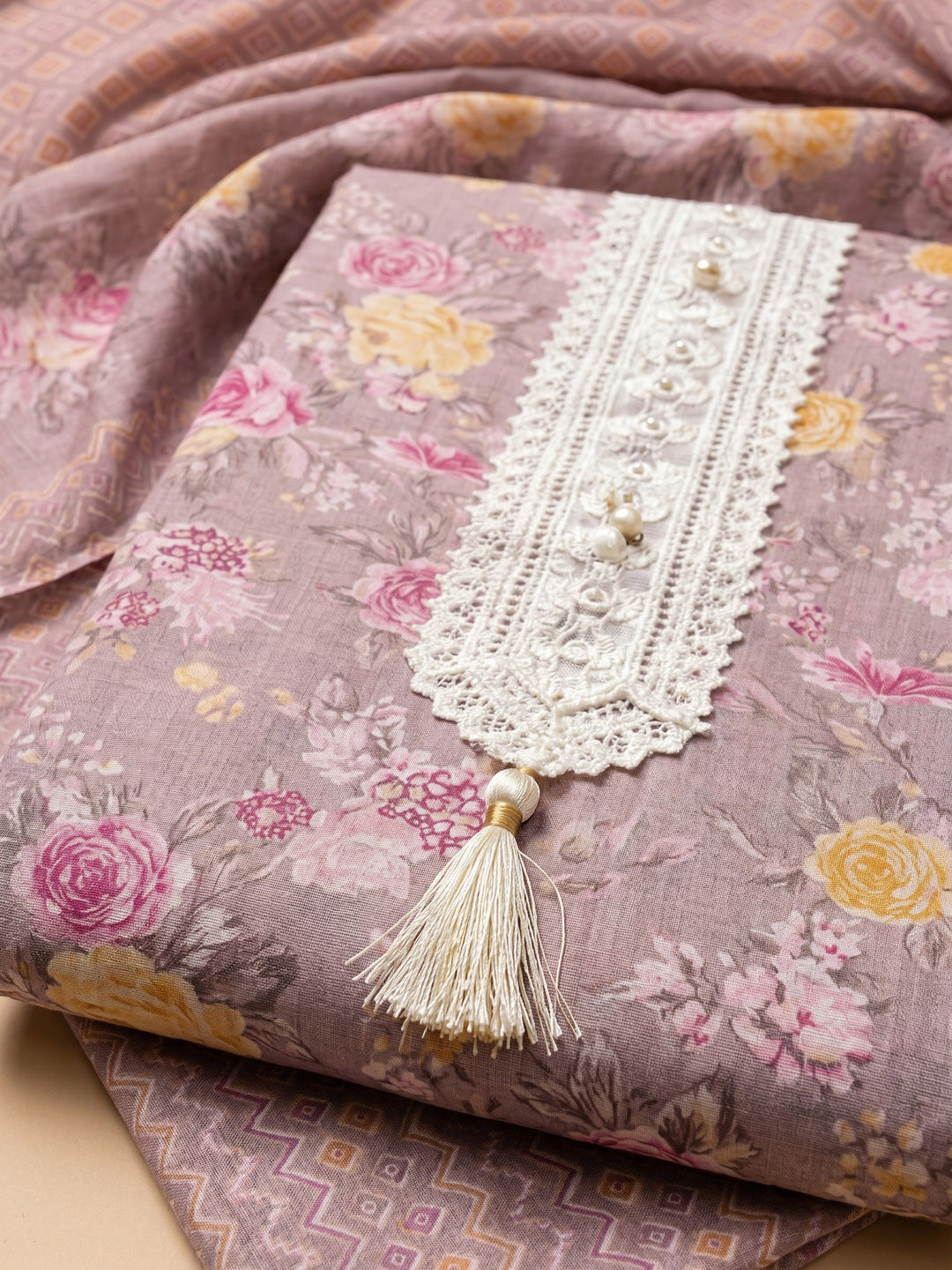 Pink Embroidered Cotton Blend Unstitched Suit &amp; Pant With Cotton Dupatta