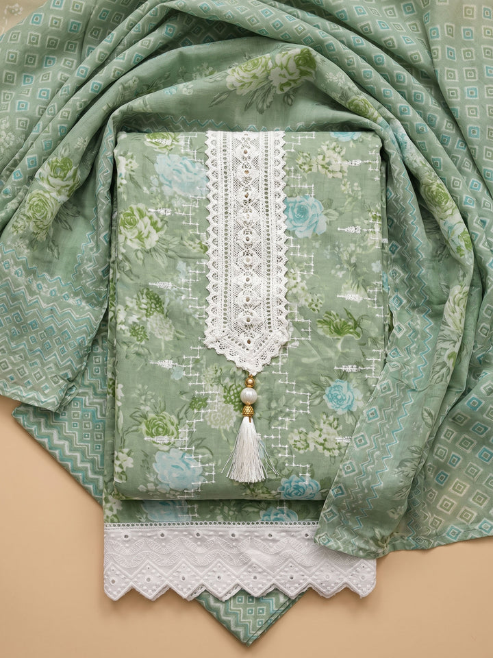 Pista Green Embroidered Cotton Blend Unstitched Suit &amp; Pant With Cotton Dupatta
