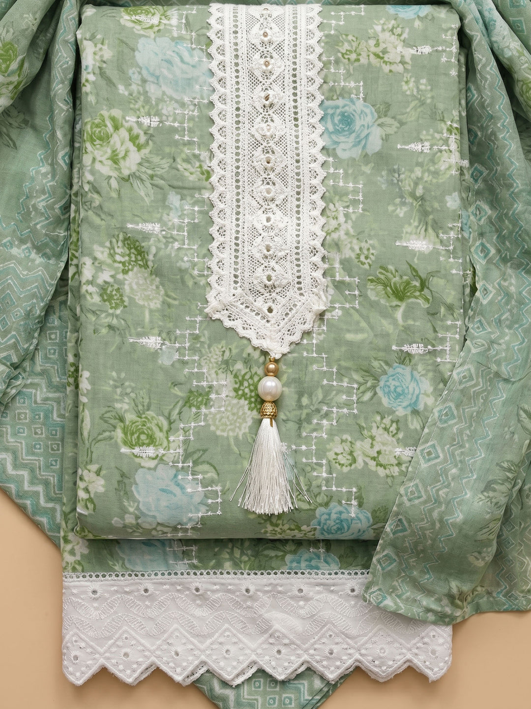 Pista Green Embroidered Cotton Blend Unstitched Suit &amp; Pant With Cotton Dupatta