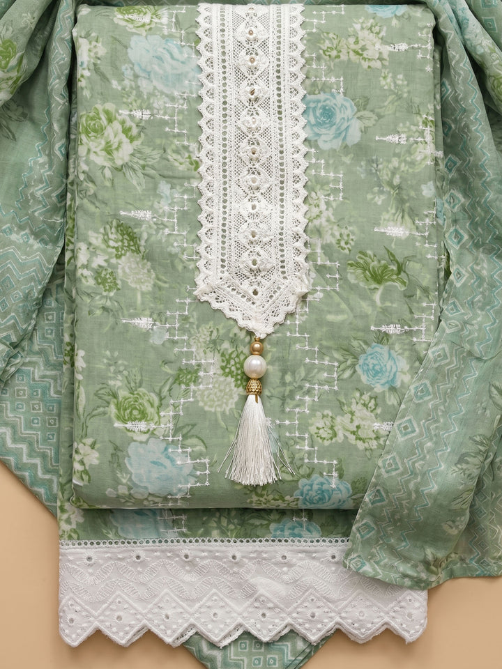 Pista Green Embroidered Cotton Blend Unstitched Suit &amp; Pant With Cotton Dupatta