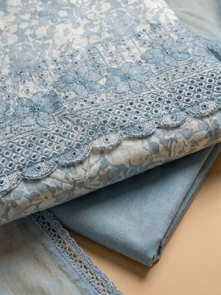 Grey Printed Cotton Blend Unstitched Suit With Pant &amp; Dupatta