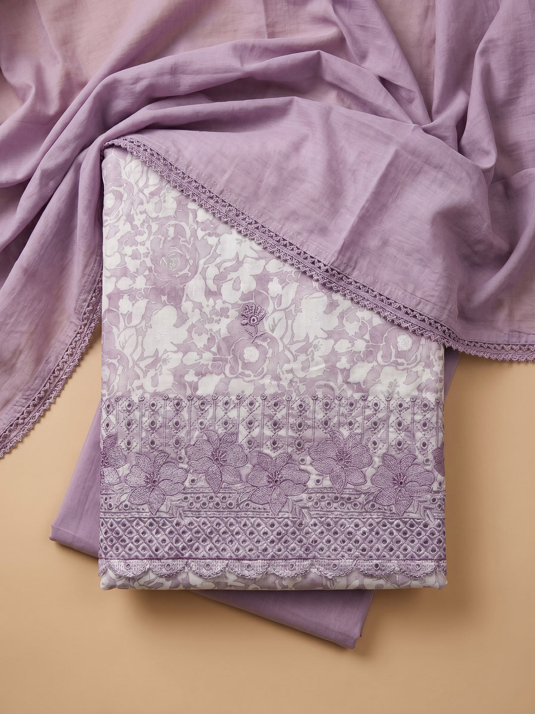 Lavender Printed Cotton Blend Unstitched Suit With Pant &amp; Dupatta