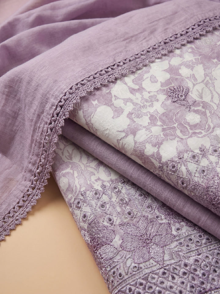 Lavender Printed Cotton Blend Unstitched Suit With Pant &amp; Dupatta