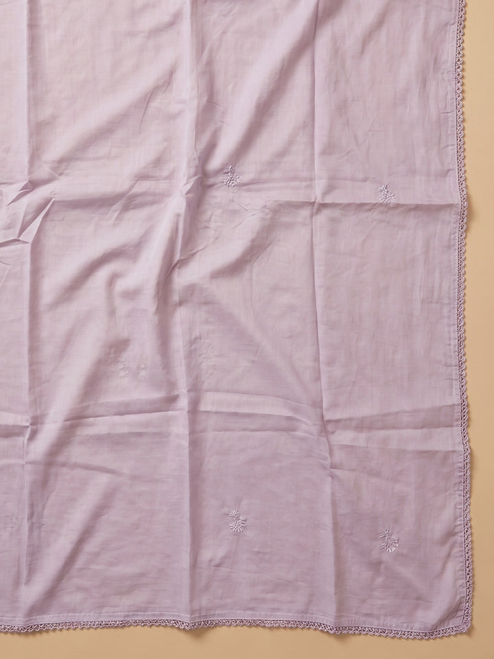 Lavender Printed Cotton Blend Unstitched Suit With Pant &amp; Dupatta