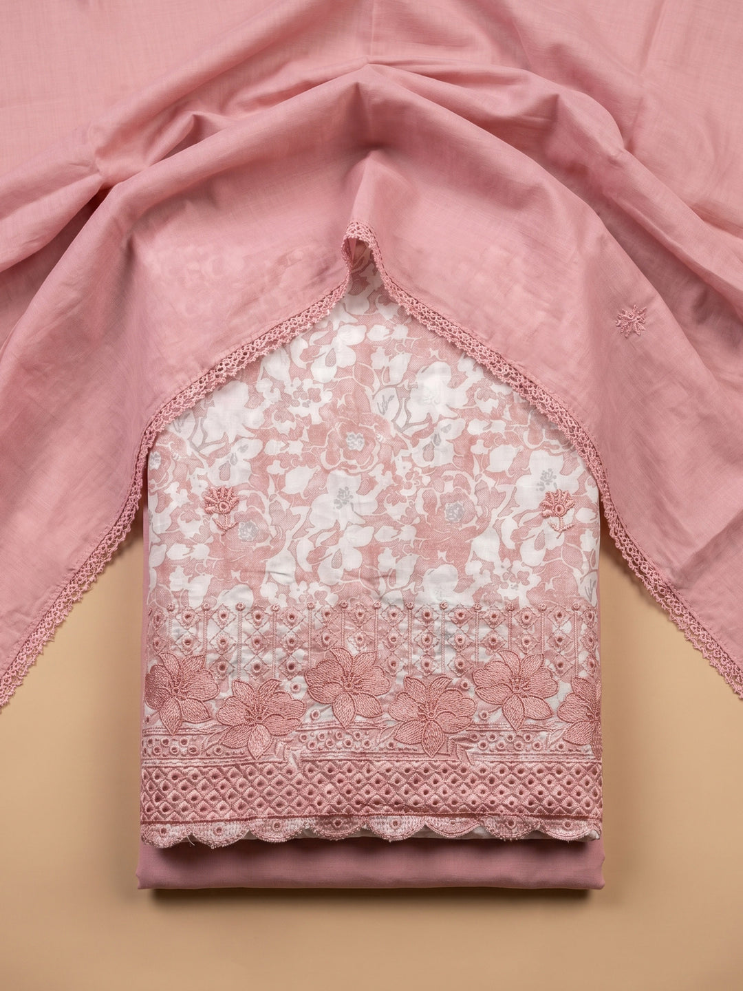 Peach Printed Cotton Blend Unstitched Suit With Pant &amp; Dupatta
