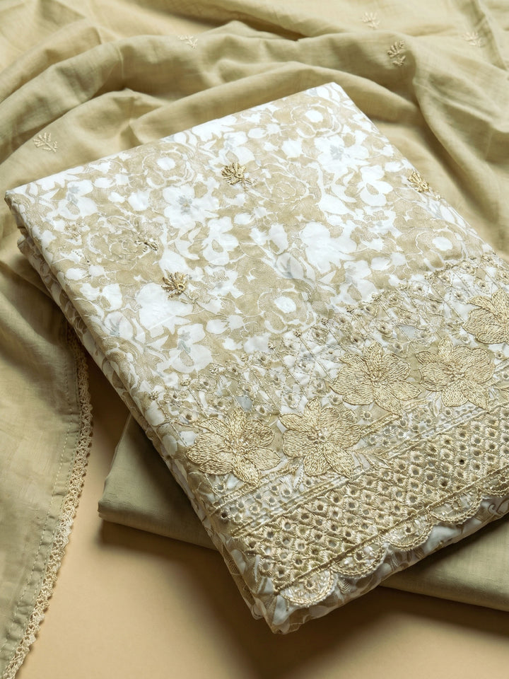 Pista Green Printed Cotton Blend Unstitched Suit With Pant &amp; Dupatta