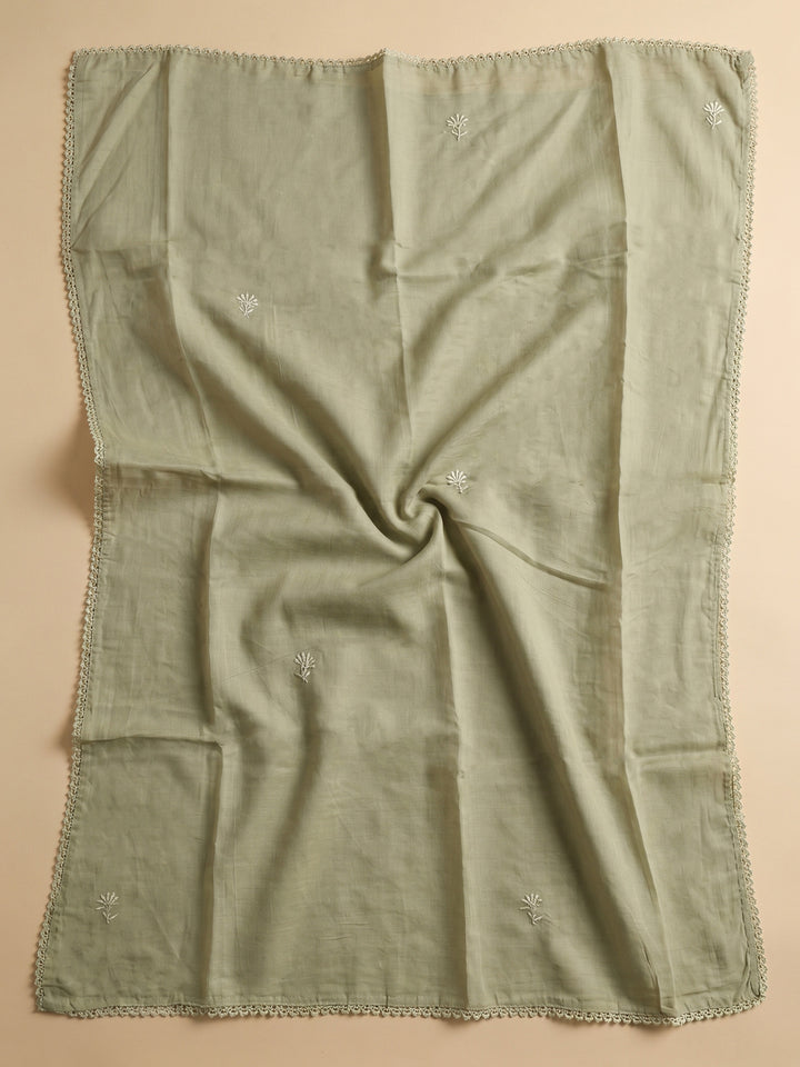 Pista Green Printed Cotton Blend Unstitched Suit With Pant &amp; Dupatta
