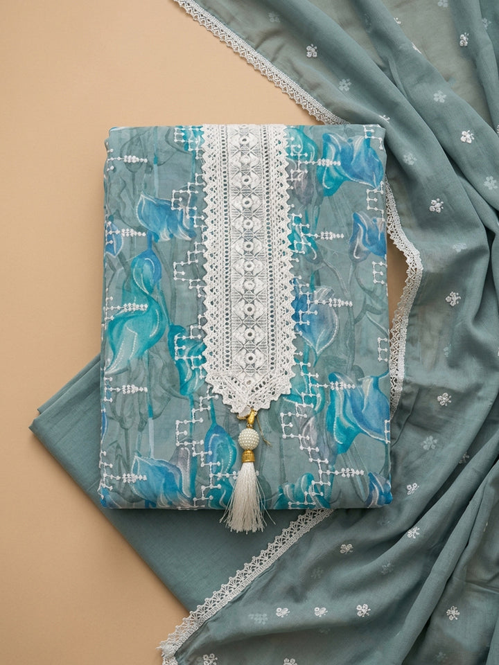 Grey Embroidered Cotton Blend Unstitched Suit &amp; Pant With Cotton Dupatta