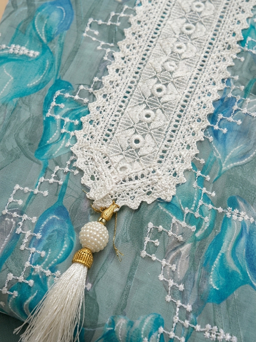 Grey Embroidered Cotton Blend Unstitched Suit &amp; Pant With Cotton Dupatta