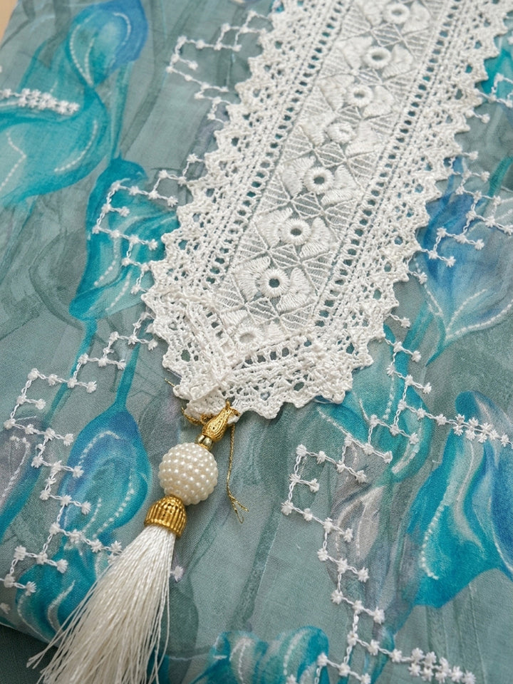 Grey Embroidered Cotton Blend Unstitched Suit &amp; Pant With Cotton Dupatta