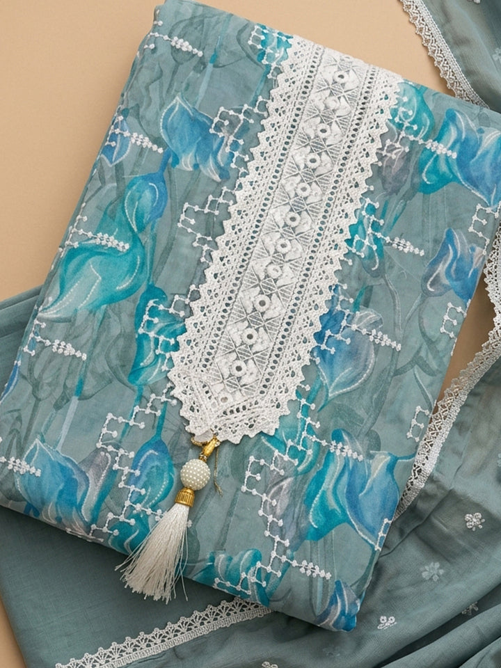 Grey Embroidered Cotton Blend Unstitched Suit &amp; Pant With Cotton Dupatta