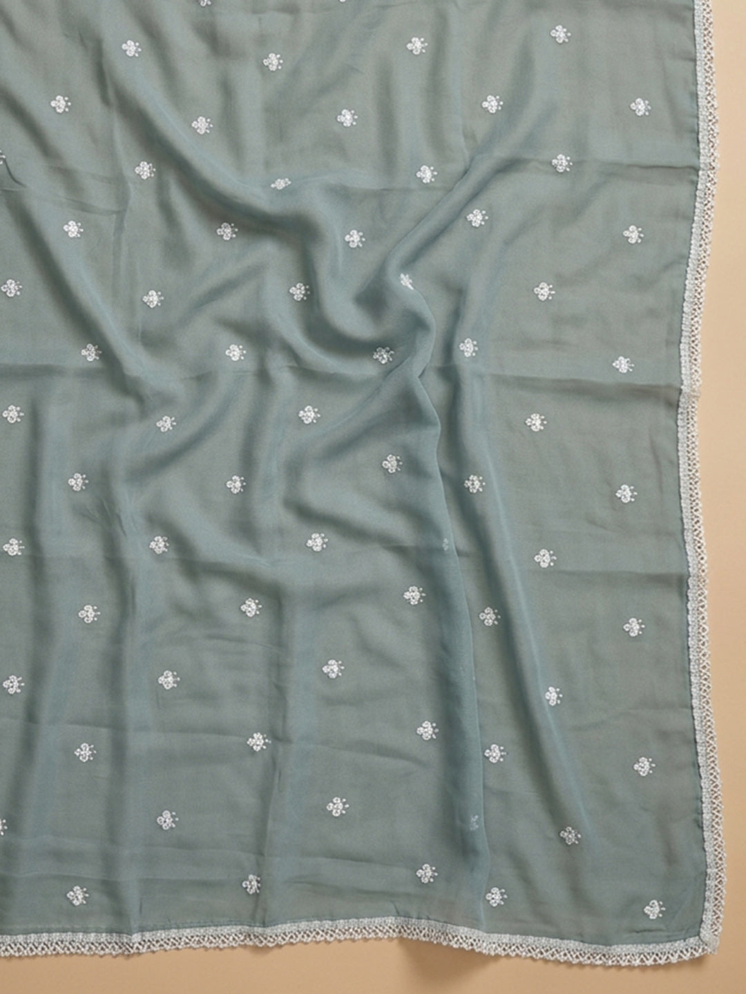 Grey Embroidered Cotton Blend Unstitched Suit &amp; Pant With Cotton Dupatta