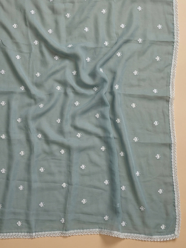 Grey Embroidered Cotton Blend Unstitched Suit &amp; Pant With Cotton Dupatta