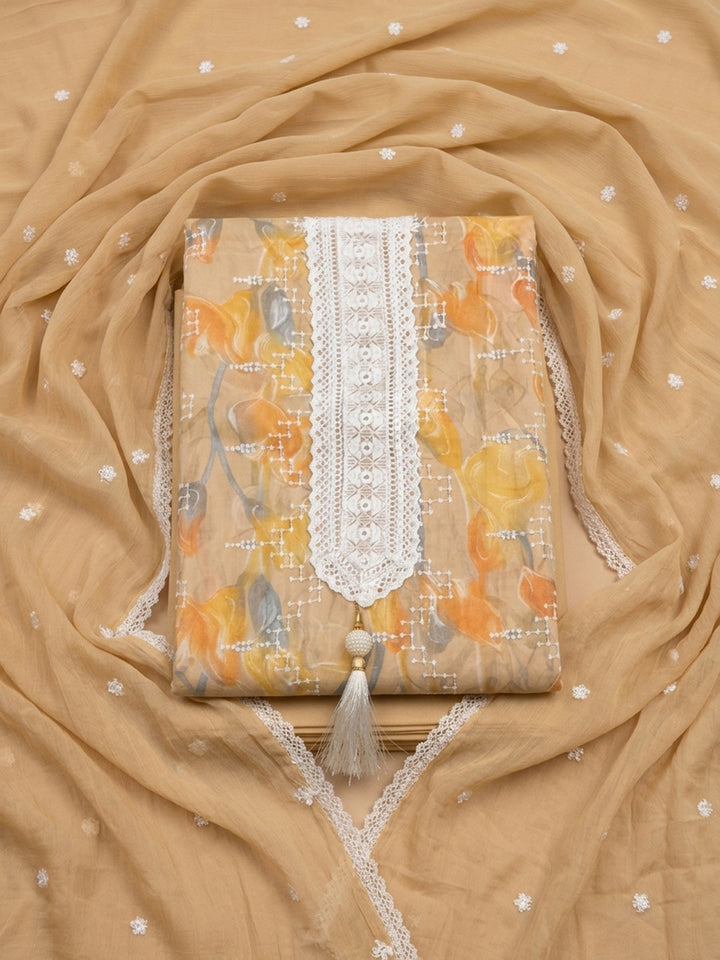 Mustard Embroidered Cotton Blend Unstitched Suit &amp; Pant With Cotton Dupatta