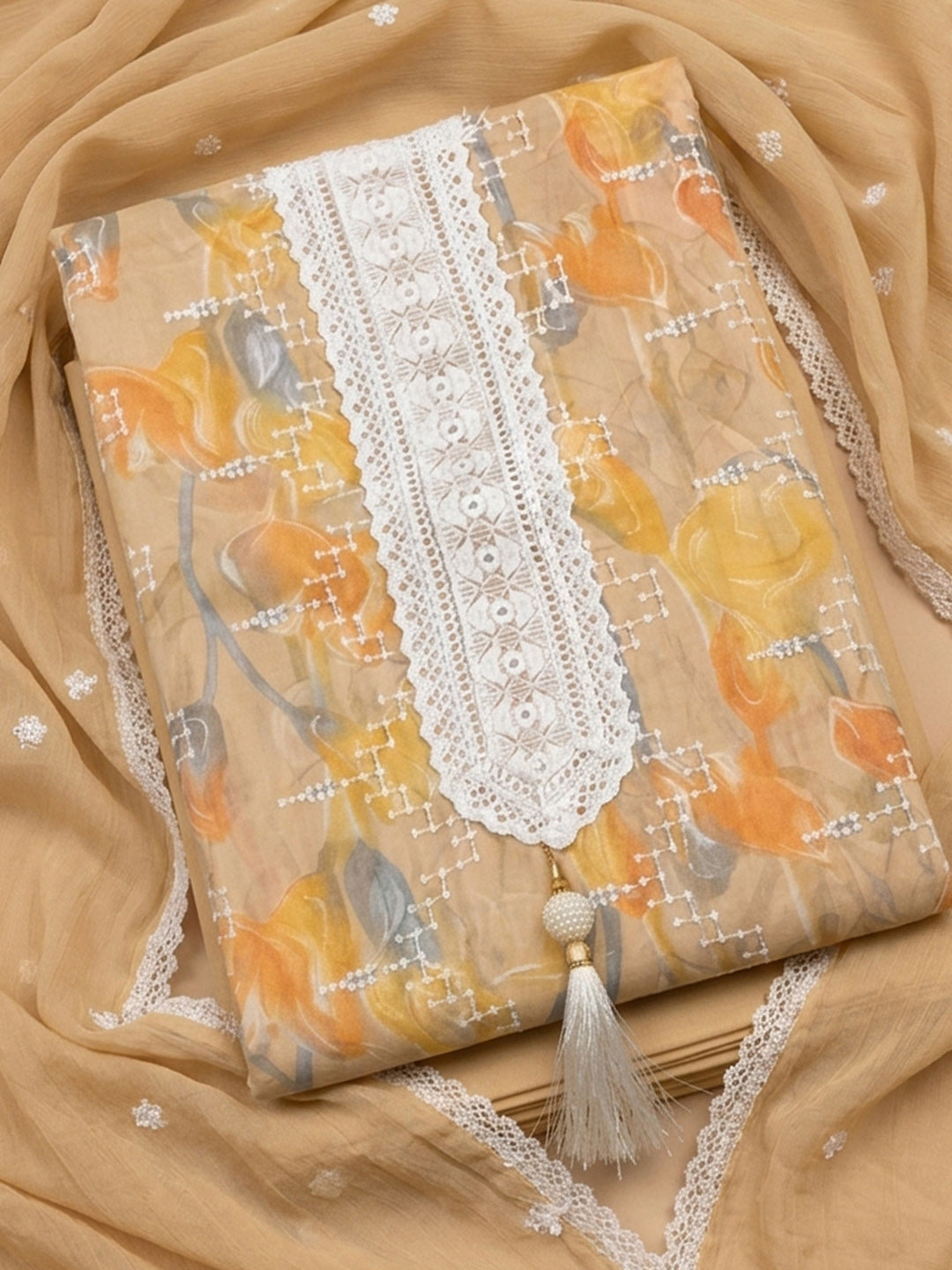 Mustard Embroidered Cotton Blend Unstitched Suit &amp; Pant With Cotton Dupatta