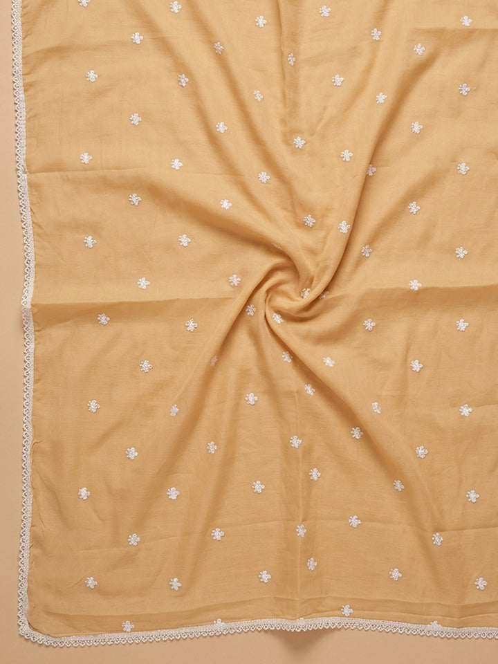 Mustard Embroidered Cotton Blend Unstitched Suit &amp; Pant With Cotton Dupatta