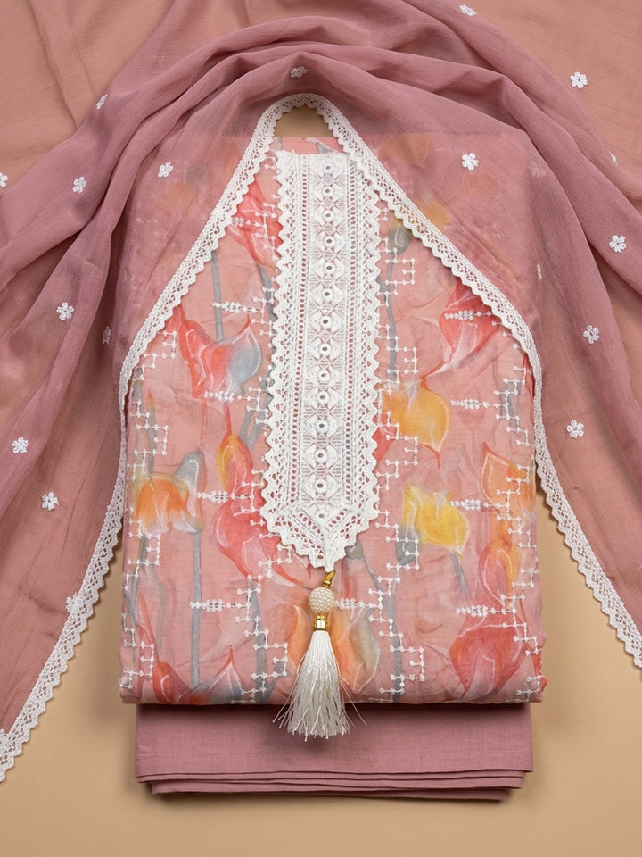 Peach Embroidered Cotton Blend Unstitched Suit &amp; Pant With Cotton Dupatta