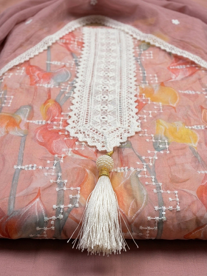 Peach Embroidered Cotton Blend Unstitched Suit &amp; Pant With Cotton Dupatta