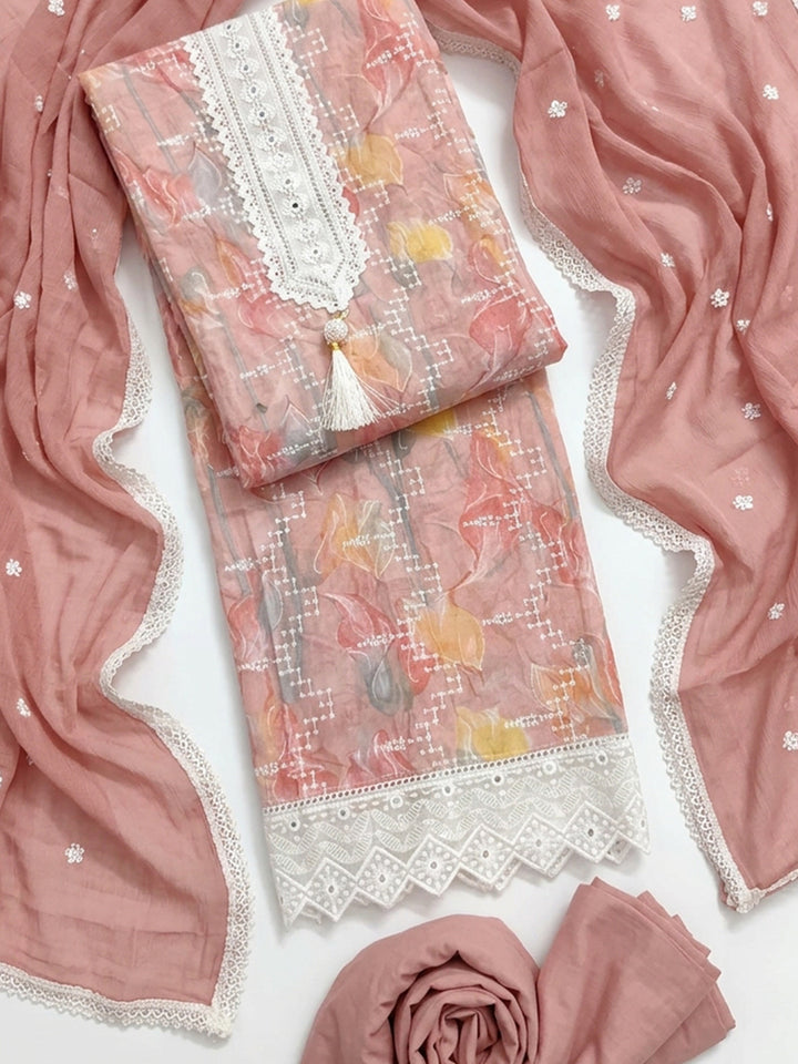 Peach Embroidered Cotton Blend Unstitched Suit &amp; Pant With Cotton Dupatta