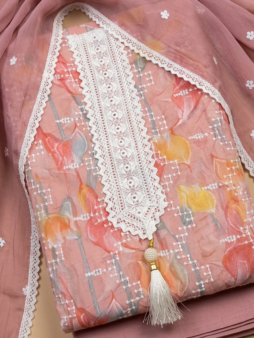 Peach Embroidered Cotton Blend Unstitched Suit &amp; Pant With Cotton Dupatta