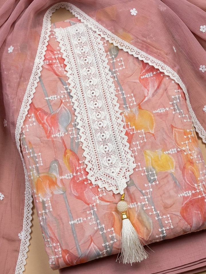 Peach Embroidered Cotton Blend Unstitched Suit &amp; Pant With Cotton Dupatta