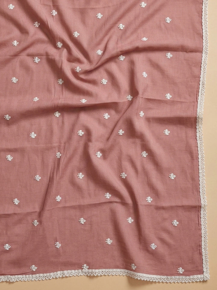 Peach Embroidered Cotton Blend Unstitched Suit &amp; Pant With Cotton Dupatta