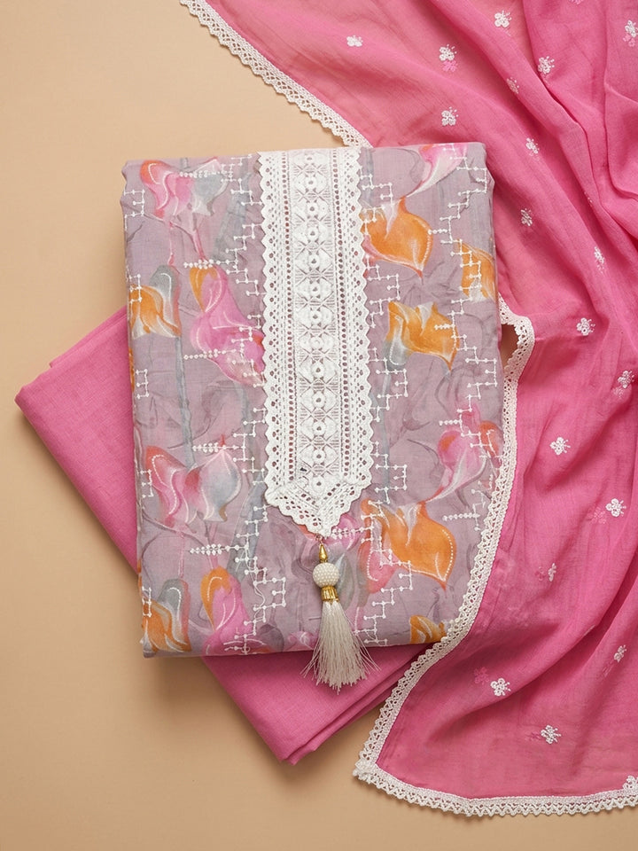 Pink Embroidered Cotton Blend Unstitched Suit &amp; Pant With Cotton Dupatta