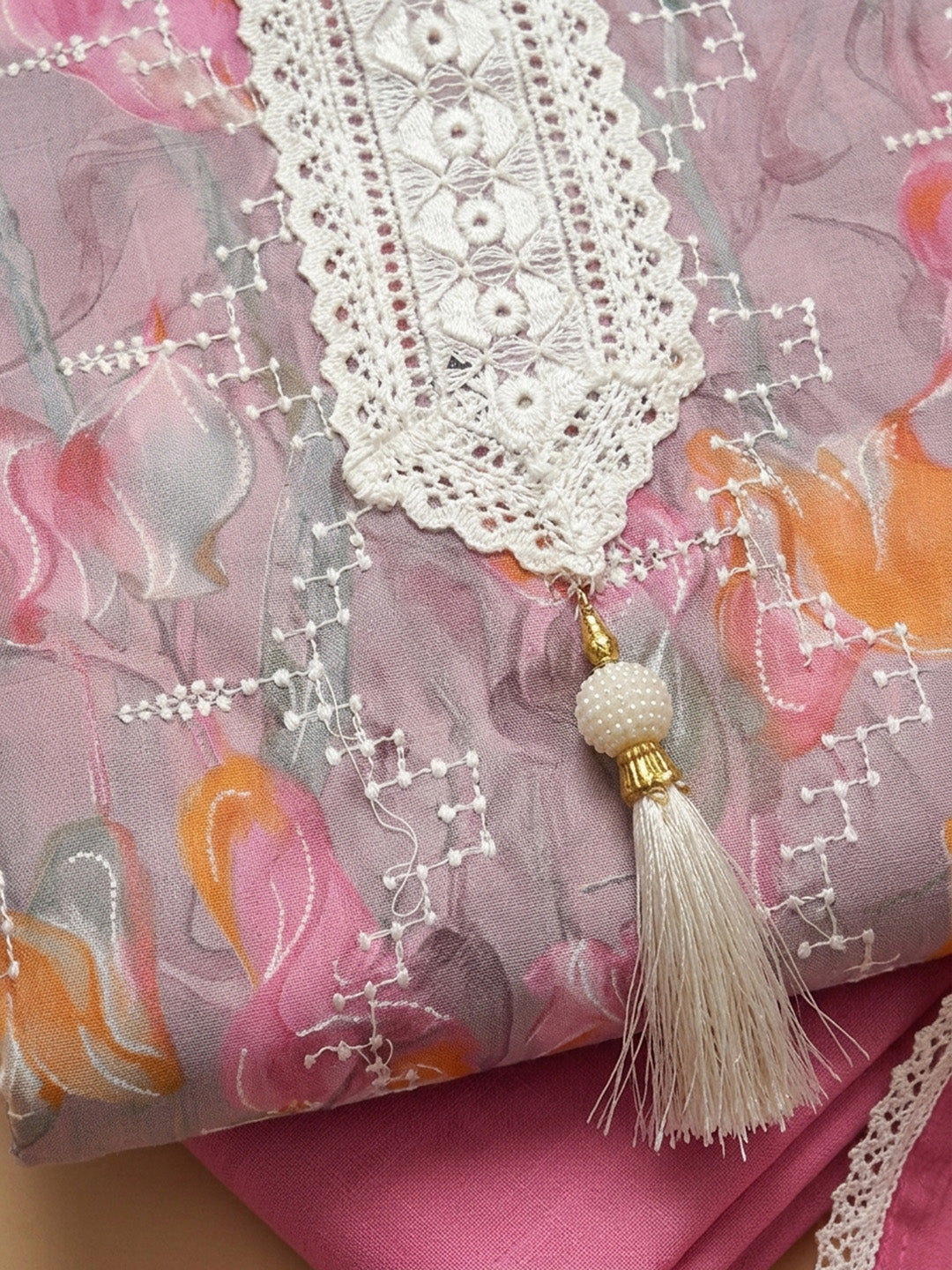Pink Embroidered Cotton Blend Unstitched Suit &amp; Pant With Cotton Dupatta