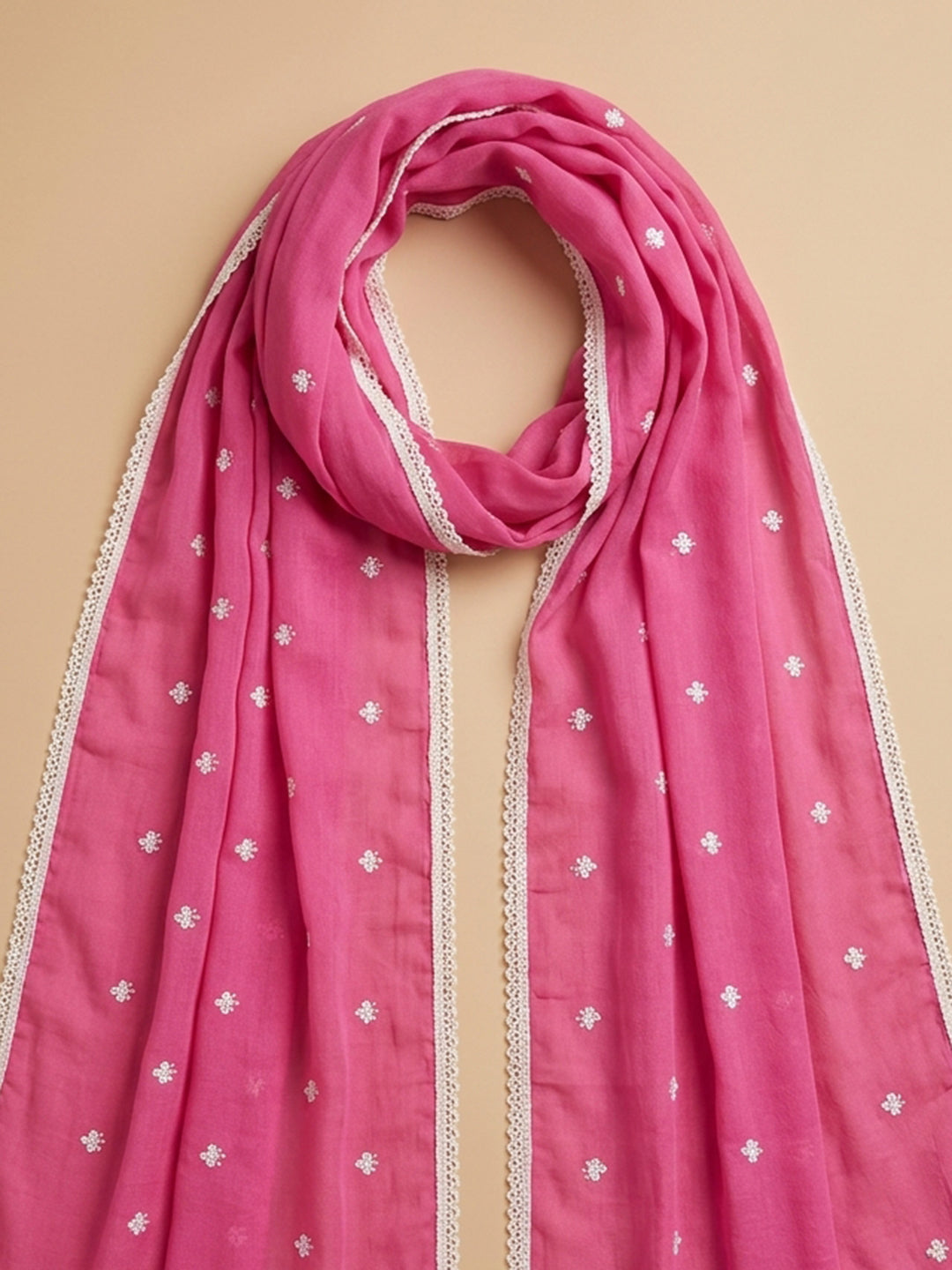 Pink Embroidered Cotton Blend Unstitched Suit &amp; Pant With Cotton Dupatta
