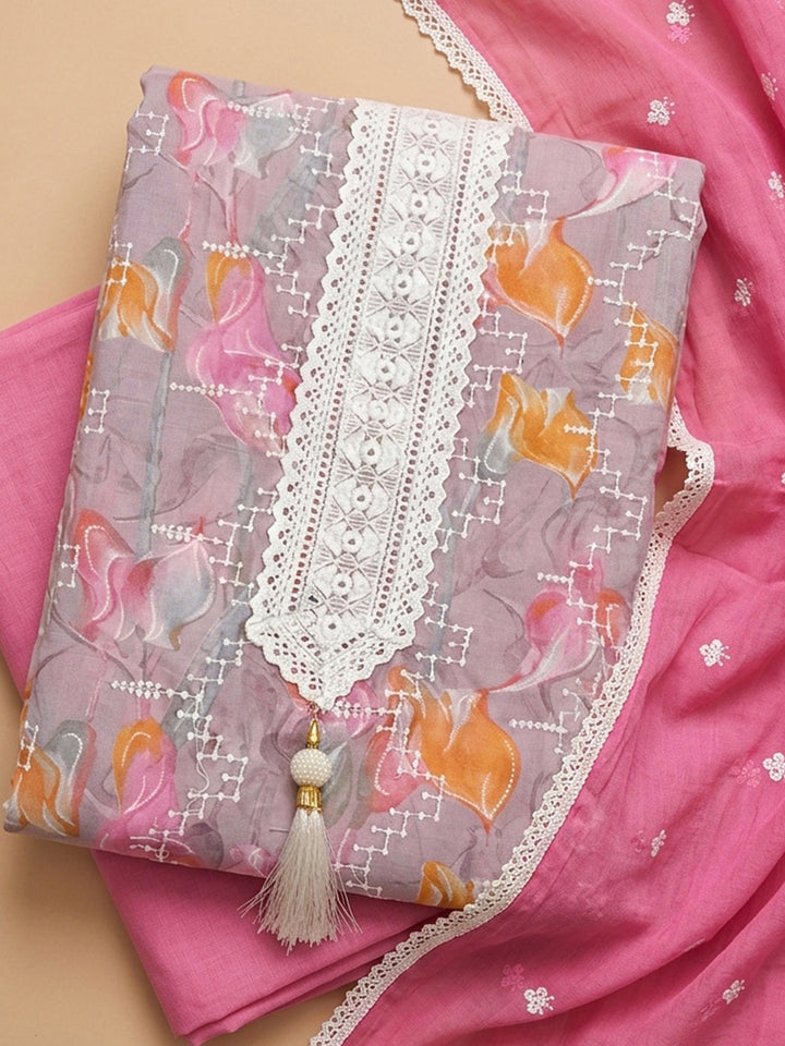 Pink Embroidered Cotton Blend Unstitched Suit &amp; Pant With Cotton Dupatta