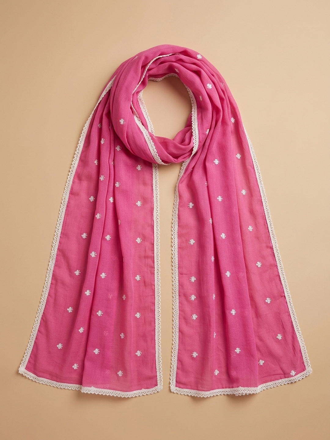 Pink Embroidered Cotton Blend Unstitched Suit &amp; Pant With Cotton Dupatta