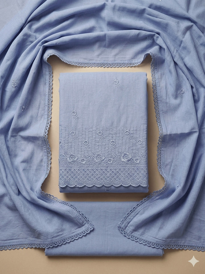 Grey Embroidered Cotton Blend Unstitched Suit &amp; Pant With Cotton Dupatta