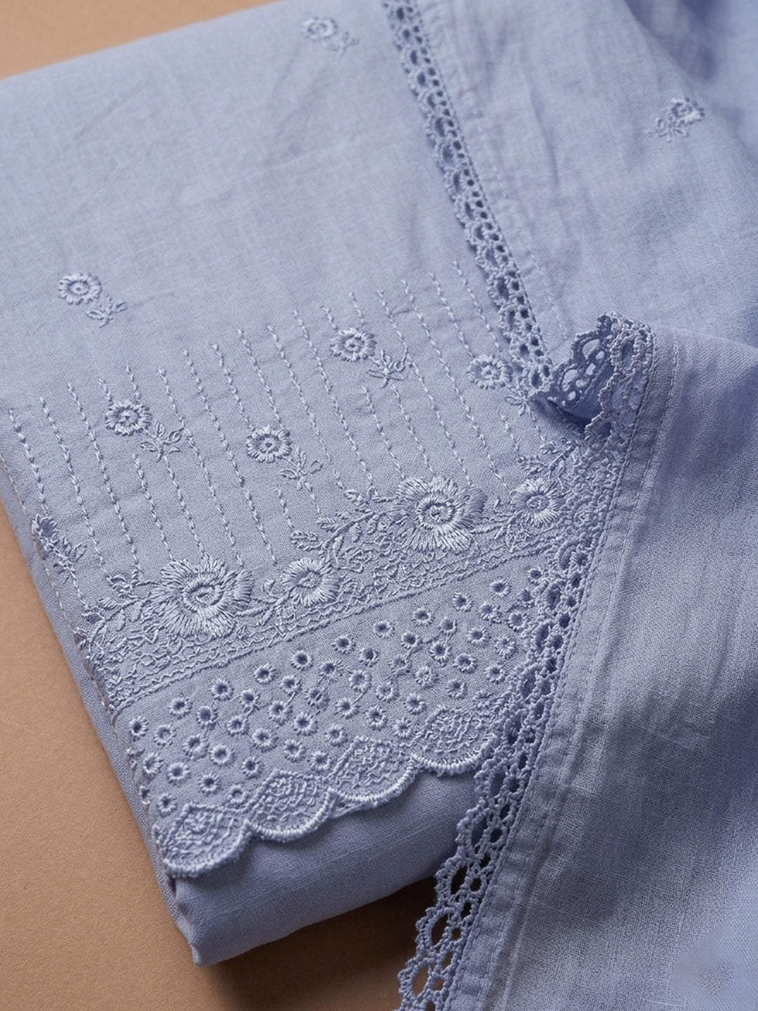 Grey Embroidered Cotton Blend Unstitched Suit &amp; Pant With Cotton Dupatta