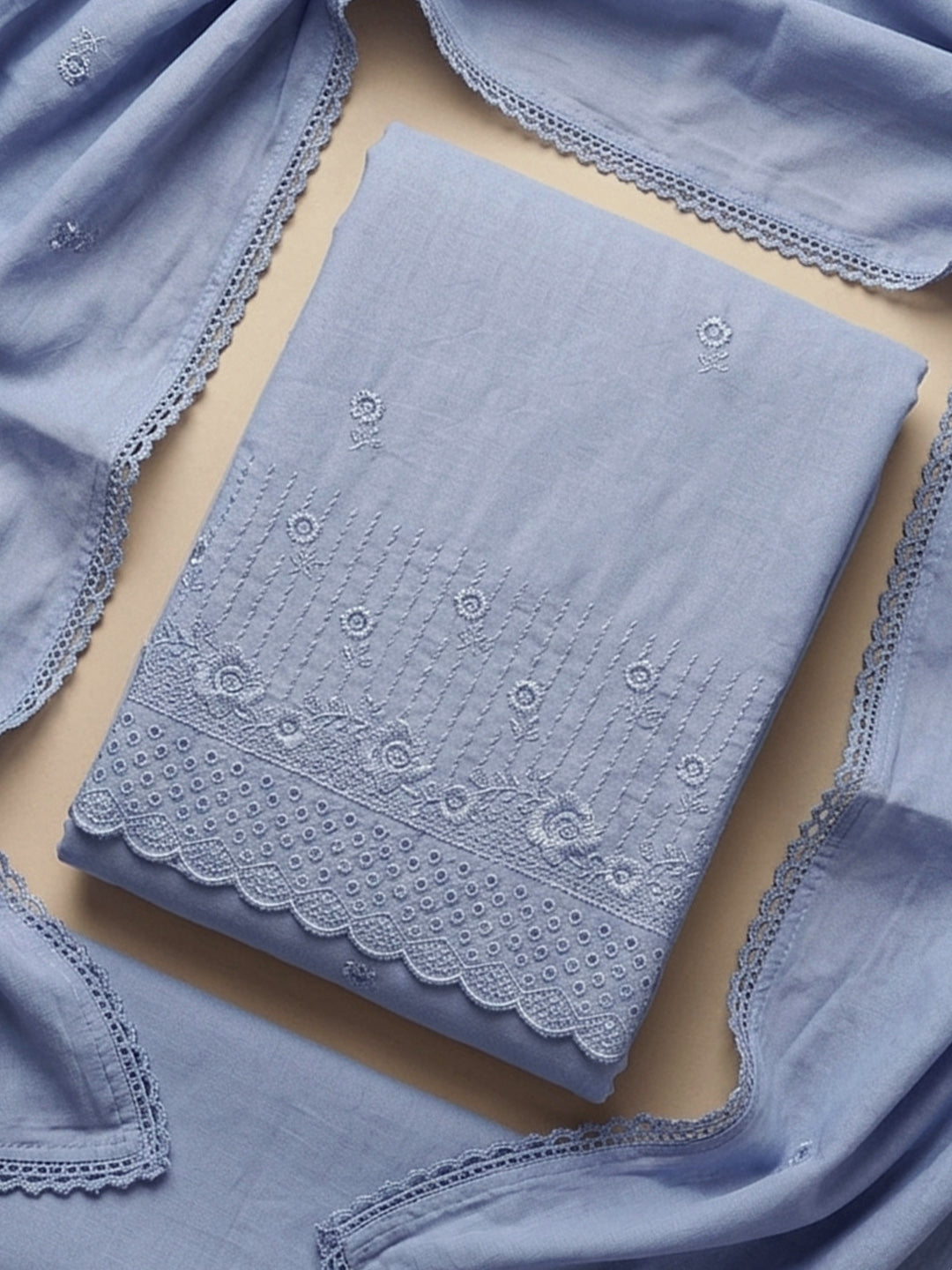 Grey Embroidered Cotton Blend Unstitched Suit &amp; Pant With Cotton Dupatta
