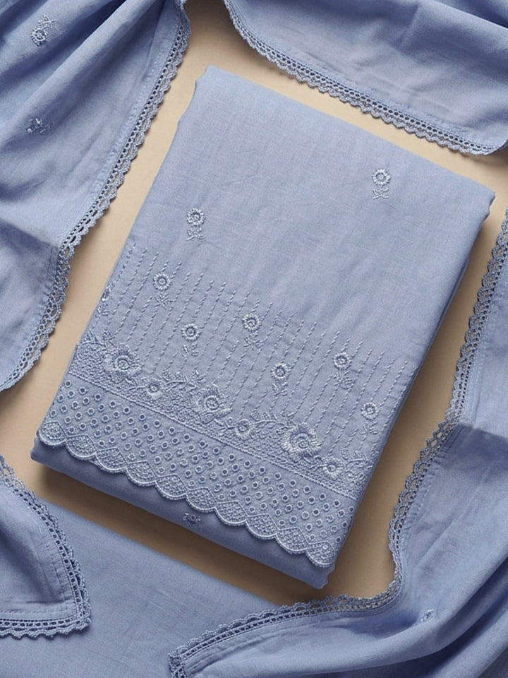 Grey Embroidered Cotton Blend Unstitched Suit &amp; Pant With Cotton Dupatta
