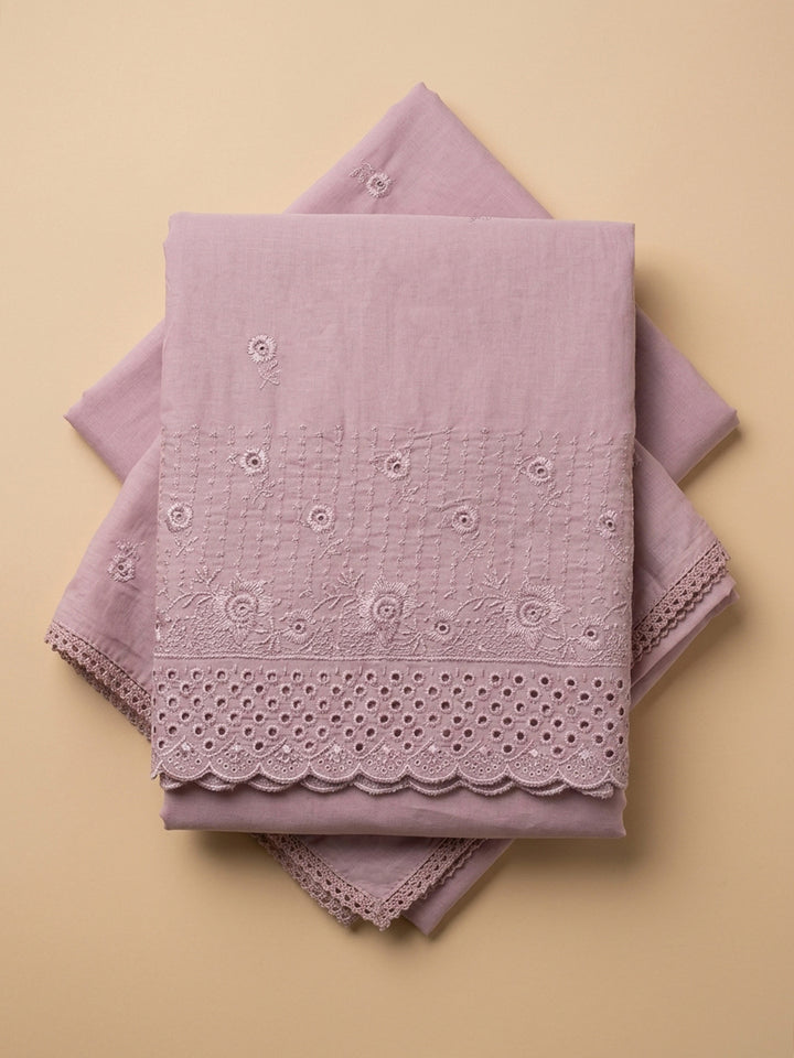 Onion Pink Embroidered Cotton Blend Unstitched Suit &amp; Pant With Cotton Dupatta
