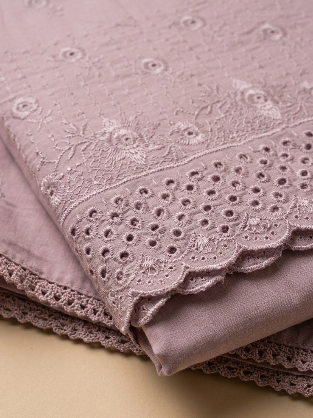 Onion Pink Embroidered Cotton Blend Unstitched Suit &amp; Pant With Cotton Dupatta