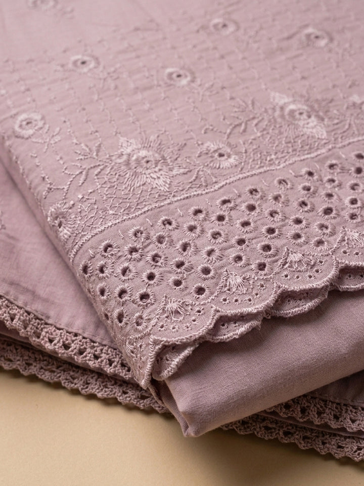 Onion Pink Embroidered Cotton Blend Unstitched Suit &amp; Pant With Cotton Dupatta