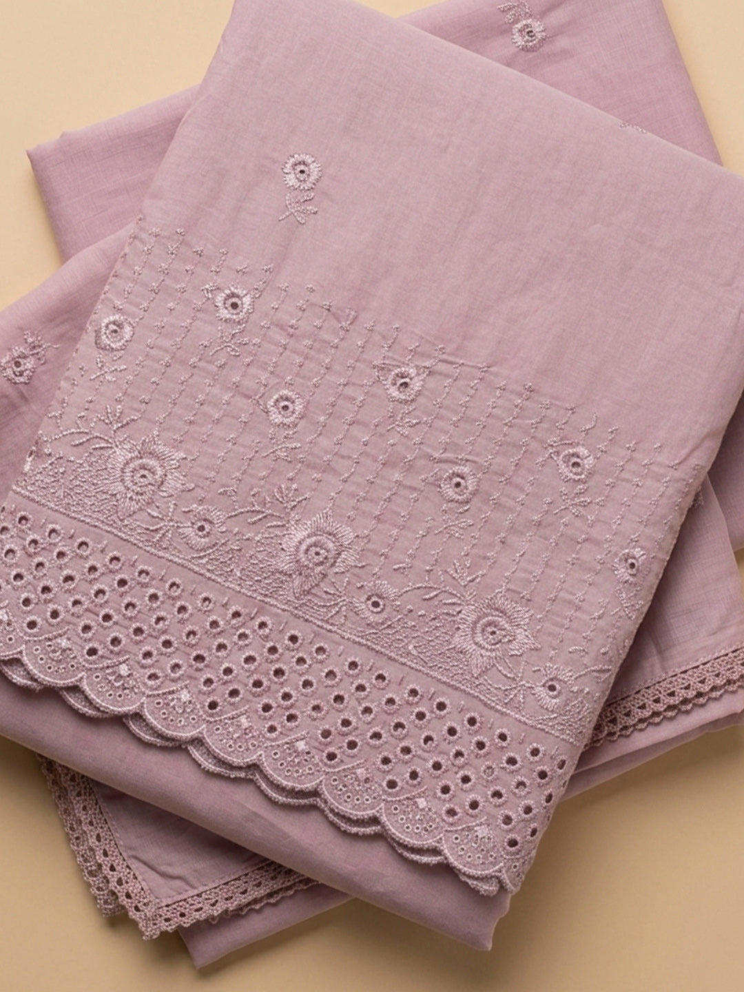 Onion Pink Embroidered Cotton Blend Unstitched Suit &amp; Pant With Cotton Dupatta