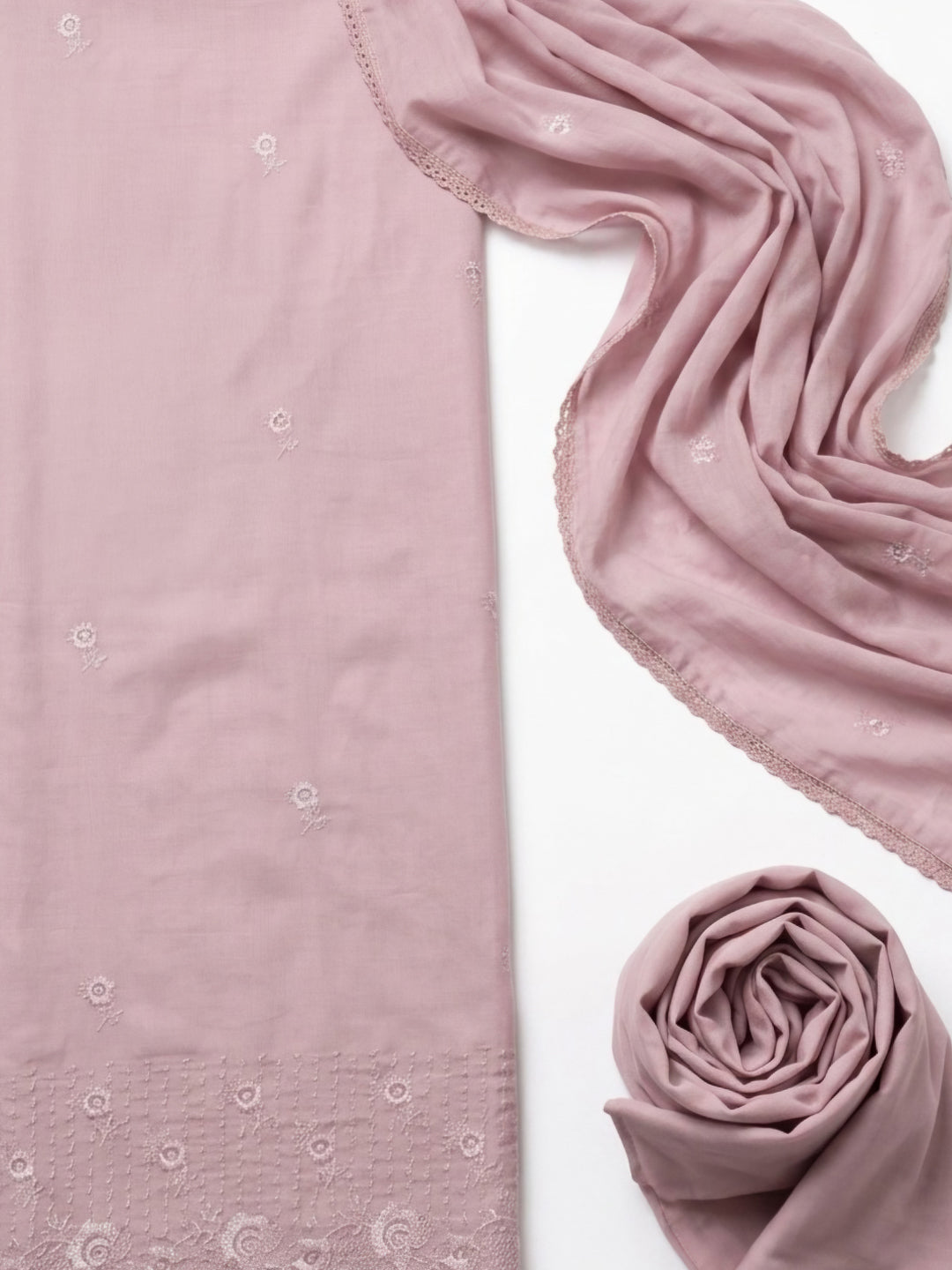 Onion Pink Embroidered Cotton Blend Unstitched Suit &amp; Pant With Cotton Dupatta