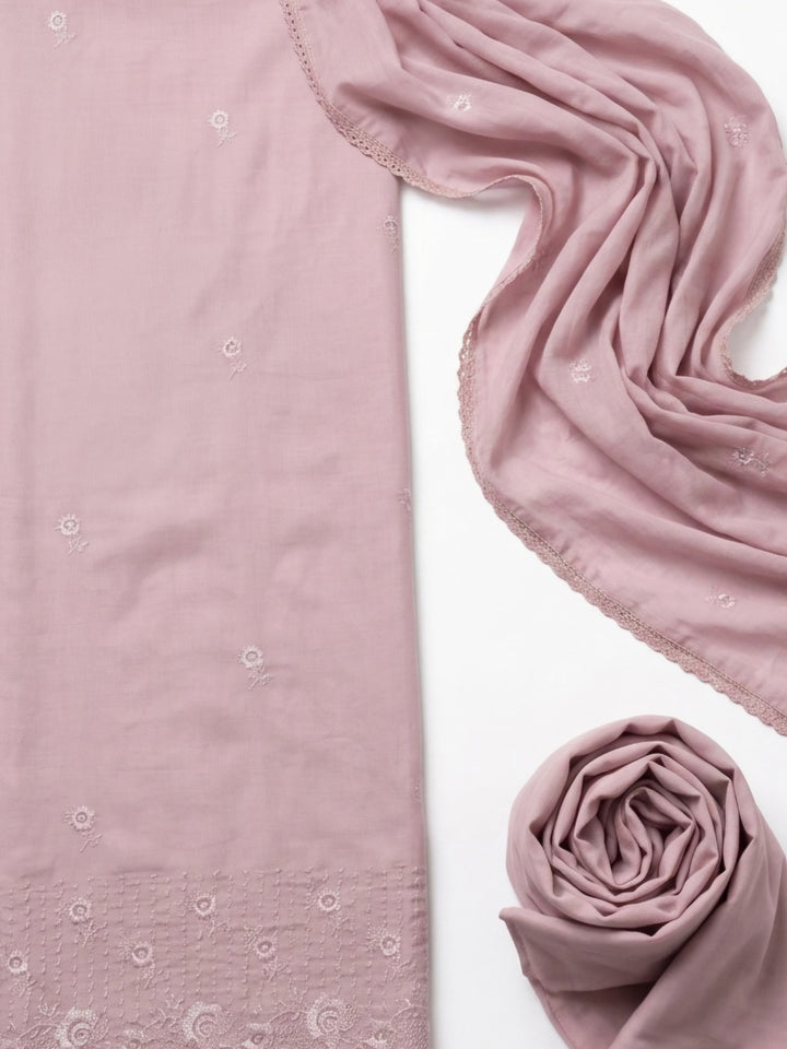 Onion Pink Embroidered Cotton Blend Unstitched Suit &amp; Pant With Cotton Dupatta