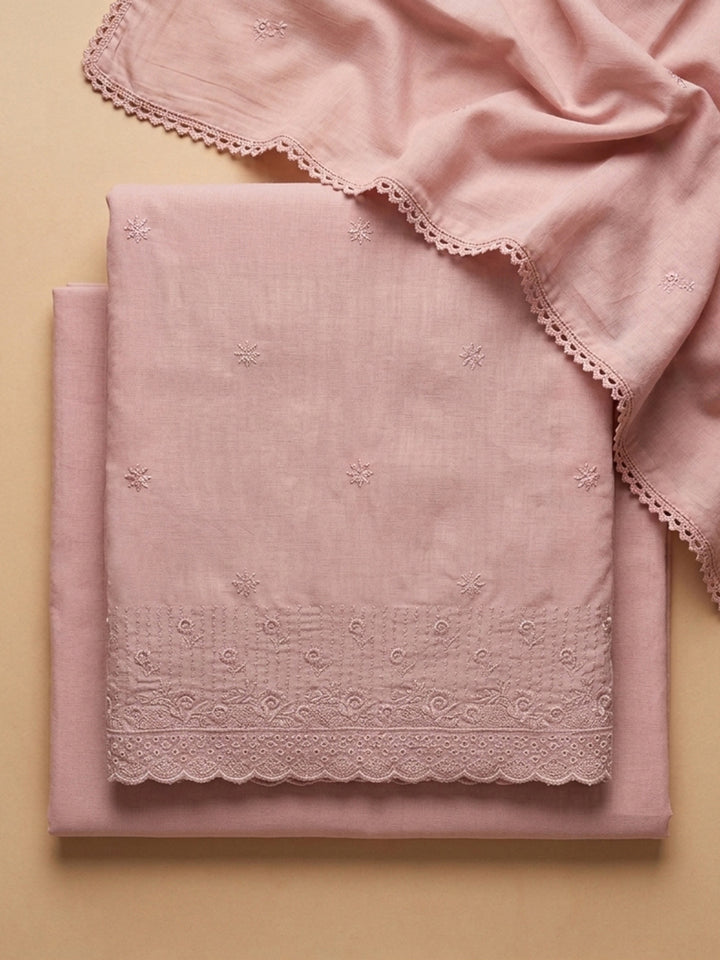 Peach Embroidered Cotton Blend Unstitched Suit &amp; Pant With Cotton Dupatta