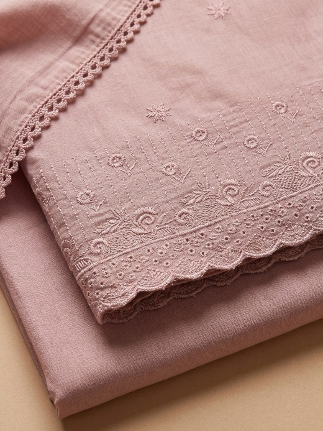 Peach Embroidered Cotton Blend Unstitched Suit &amp; Pant With Cotton Dupatta