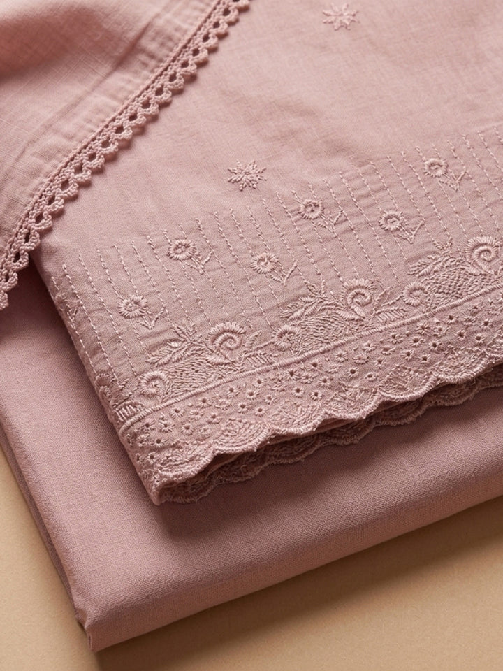Peach Embroidered Cotton Blend Unstitched Suit &amp; Pant With Cotton Dupatta