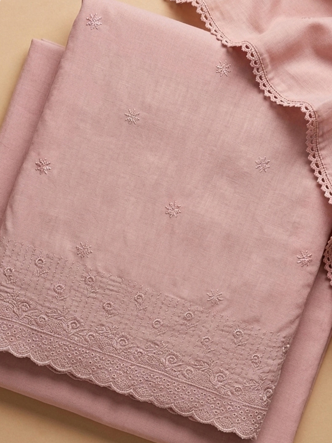 Peach Embroidered Cotton Blend Unstitched Suit &amp; Pant With Cotton Dupatta